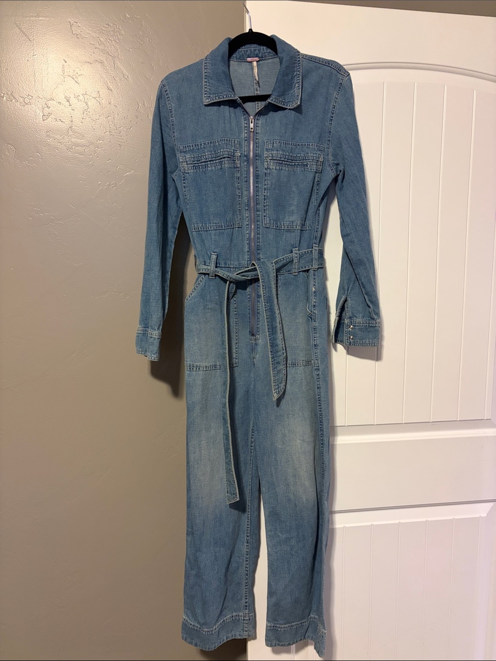 Free People Light Blue Denim Zip-Front Jumpsuit